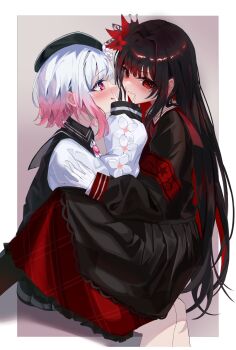 2girls armband black_hair black_hat black_sailor_collar black_skirt blush commentary_request flower gloves gradient_hair hair_flower hair_ornament hand_on_another&#039;s_face hat highres mahou_shoujo_no_majo_saiban michimichi20121 multicolored_hair multiple_girls nikaido_hiro parted_lips pink_eyes pink_hair pleated_skirt red_armband red_flower red_streaks sailor_collar sakuraba_ema shirt skirt smile white_flower white_gloves white_hair white_shirt yuri