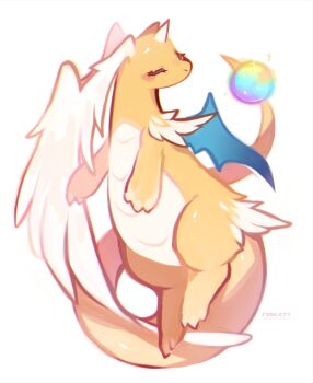blush claws closed_eyes closed_mouth dragonite feathered_wings foxlett full_body gen_1_pokemon head_wings highres horns mega_dragonite mega_pokemon nintendo no_humans pokemon pokemon_(creature) pokemon_focus simple_background single_horn solo tail white_background wings