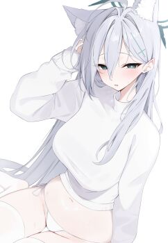 1girl absurdres alternate_costume animal_ear_fluff animal_ears blue_archive breasts broken_halo commentary_request cropped_sweater cross cross_hair_ornament dark_halo extra_ears grey_hair hair_ornament halo highres inverted_cross long_sleeves looking_at_viewer medium_breasts mismatched_pupils navel nenight panties shiroko_(blue_archive) shiroko_terror_(blue_archive) solo sweater underwear white_panties white_sweater wolf_ears wolf_girl