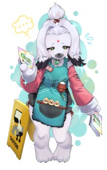 1girl absurdres animal_nose black_hair cairn_(zenless_zone_zero) chinese_clothes dog_girl facial_mark forehead_mark full_body furry furry_female green_eyes highres long_sleeves mole mole_under_mouth multicolored_hair multiple_boys oxygen_mask_(oxygenmask233) short_eyebrows solo thick_thighs thighs topknot two-tone_hair white_fur white_hair zenless_zone_zero