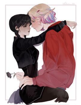 Rule 34 | 2girls, black dress, black eyes, black flower, black hair, blonde hair, blue eyes, blue hair, braid, commentary, dress, english commentary, enid sinclair, flower, hair ornament, hairclip, highres, holding, holding flower, jacket, long hair, lopez (ven0s7), multicolored hair, multiple girls, pink hair, red jacket, short hair, signature, the addams family, twin braids, wednesday (netflix), wednesday addams, white background, yuri