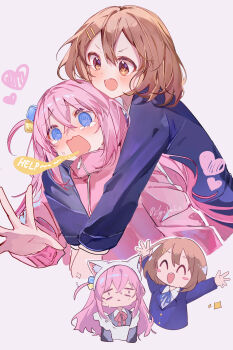Rule 34 | 2girls, absurdres, animal ears, arms up, blazer, blue jacket, bocchi the rock!, brown eyes, brown hair, cat ears, company connection, crossover, cube hair ornament, fake animal ears, genre connection, gotoh hitori, hair ornament, hairclip, heart, highres, hirasawa yui, hug, hug from behind, instrument connection, jacket, k-on!, long hair, maid, multiple girls, nagihaha, official alternate costume, pink jacket, sakuragaoka high school uniform, school uniform, short hair, track jacket