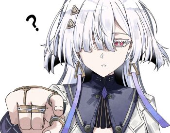 1girl ? colored_eyelashes commentary earrings english_commentary hair_ornament hand_up highres jacket jewelry looking_at_viewer mornye_(wuthering_waves) parted_lips pointing pointing_at_viewer pokarii_zuu portrait red_eyes simple_background solo triangle_earrings white_background white_jacket wuthering_waves