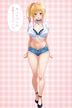 1girl alternate_hair_color bimbofication black_shoes blonde_hair blue_bra blue_shorts bra breasts brown_eyes commentary_request cygnus_(cygnus7) gyaru highres knees kotegawa_yui large_breasts large_variant_set legs long_hair navel plaid_background shoes short_shorts shorts side_ponytail solo speech_bubble stomach to_love-ru to_love-ru_darkness translation_request underwear variant_set very_long_hair