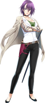 1girl arm_tattoo black_pants breasts choker choukou_(alicesoft) choukou_taisen_escalation_heroines cleavage crossed_arms full_body high_heels highres jacket large_breasts looking_at_viewer official_art onigirikun open_clothes open_jacket pants purple_hair shirogane_akira shirt short_hair sleeveless sleeveless_shirt tattoo