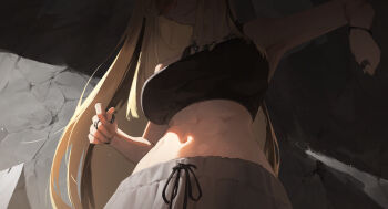 1girl abs absurdres bare_arms black_hair black_tank_top blonde_hair chain chain_necklace closed_mouth commentary edwin62293123 english_commentary grey_pants head_out_of_frame highres hololive hololive_dev_is jewelry koganei_niko koganei_niko_(1st_costume) long_hair looking_at_viewer midriff multicolored_hair multiple_rings navel necklace orange-tinted_eyewear pants ring round_eyewear smile solo streaked_hair sunglasses tank_top tinted_eyewear toned toned_female very_long_hair virtual_youtuber