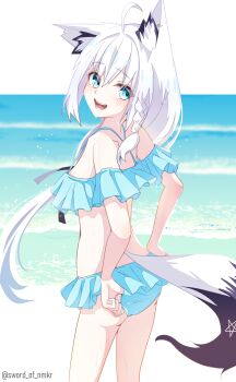 1girl absurdres ahoge animal_ear_fluff animal_ears beach bikini bikini_skirt blue_bikini blue_skirt breasts commentary english_commentary fox_ears fox_girl fox_tail frilled_bikini frilled_skirt frills highres hololive long_hair looking_at_viewer low_ponytail murasame_(sword_of_nmkr) official_alternate_costume open_mouth ponytail revision sand shirakami_fubuki shirakami_fubuki_(hololive_summer_2019) skirt small_breasts swimsuit tail virtual_youtuber water white_hair