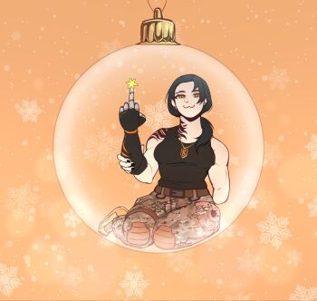 1girl :3 amputee anichiva arm_tattoo armless_amputee biceps black_nails breasts camouflage camouflage_pants christmas christmas_lights christmas_ornaments earrings encasement fingernails grin hand_on_own_arm hanna_kovalchuk highres holding jewelry looking_at_viewer low_ponytail mechanical_arms medium_hair middle_finger muscular muscular_female neck_tattoo new_year orange_eyes original pants ponytail prosthesis prosthetic_arm russo-ukrainian_war seiza single_mechanical_arm sitting smile snowflakes snowing soldier solo tattoo woodland_camouflage