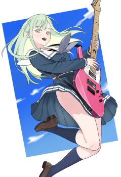 1girl 7-string_guitar :d absurdres bang_dream! black_socks blue_serafuku blue_shirt blue_skirt blue_sky brown_shoes buttons cloud colored_eyelashes commentary_request electric_guitar extended_range_guitar floating_clothes floating_hair floating_neckwear foot_out_of_frame green_eyes grey_neckerchief guitar guitar_strap highres holding holding_guitar holding_instrument holding_plectrum instrument jie-se_(kuai_mian_biao) jumping kneehighs knees_together_feet_apart light_blush loafers long_hair long_sleeves looking_at_viewer midriff_peek miniskirt music neckerchief open_mouth playing_guitar playing_instrument pleated_skirt plectrum sailor_collar schecter_guitar school_uniform serafuku shirt shoes skirt skirt_set sky smile socks solo straight_hair thighs tsukinomori_school_uniform two-tone_background upskirt wakaba_mutsumi white_background white_sailor_collar white_trim wind winter_uniform yellow_eyes