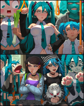 2025_hatsune_miku_look-alike_contest 2boys 6+girls :| absurdres aqua_eyes aqua_nails aqua_necktie arm_up aroma_sensei artist_name beanie black_hair black_hat black_skirt black_sleeves blue_jacket bluetooth_headset blush_stickers borzoi breasts closed_mouth commentary cosplay crossed_arms detached_sleeves dog english_commentary food furry hair_ornament hairclip hand_grip hand_on_own_hip hand_puppet hat hatsune_miku hatsune_miku_(cosplay) headset highres holding holding_food jacket large_breasts leekspin_(meme) looking_at_another meme multiple_boys multiple_girls navel necktie open_clothes open_jacket paid_reward_available puckered_lips puppet purple_shirt rectangular_mouth shirt sitting skirt sleeveless sleeveless_shirt spring_onion standing striped_clothes striped_headwear subway suspenders_hanging vocaloid white_hat