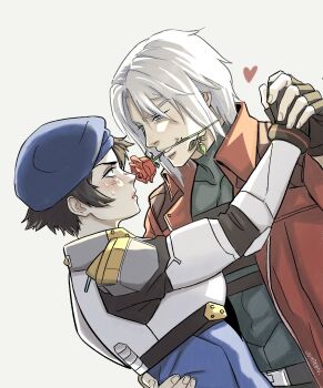1boy 1girl arm_around_waist armor artist_name beret black_gloves black_hair blue_eyes blue_hat blush coat commentary dante_(devil_may_cry) devil_may_cry_(netflix) devil_may_cry_(series) english_commentary fingerless_gloves flower gloves grey_background hat heart highres jumpoon lady_(devil_may_cry) red_coat rose short_hair simple_background sweatdrop white_hair