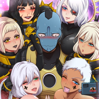 1boy 6+girls adepta_sororitas alien anger_vein armor bare_shoulders black_eyeshadow black_hair black_lips blonde_hair blue_eyes blush breasts brown_eyes bunny_ears_prank cellphone censored cleavage commentary drooling english_commentary eyeshadow facial_mark facial_scar facial_tattoo green_eyes harem highres interspecies lady_fantasma large_breasts lipstick makeup medium_hair mosaic_censoring multiple_girls nervous_sweating open_mouth phone pink_eyeshadow red_eyeshadow scar scar_across_eye scar_on_cheek scar_on_face scar_on_forehead scar_on_neck scar_on_shoulder see-through_cleavage see-through_clothes selfie selfie_stick short_hair shoulder_spikes single_mechanical_eye smartphone smile spikes sweat t'au tan tattoo tongue tongue_out turtleneck warhammer_40k watermark wavy_mouth white_hair yellow_eyes