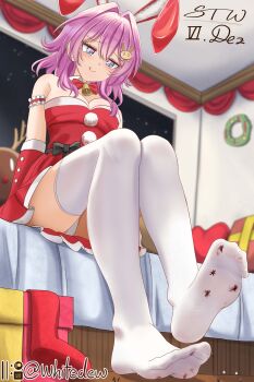 1girl absurdres bed blood breasts christmas christmas_ornaments crushed dated feet giant giantess guro hair_ornament hairpin highres honkai:_star_rail honkai_(series) looking_down march_7th_(honkai:_star_rail) medium_breasts no_shoes panties pink_eyes pink_hair rabbit_hair_ornament signature sitting size_difference skirt soles space stuffed_animal stuffed_reindeer stuffed_toy thighhighs toes underwear wasyiaking white_panties white_thighhighs wreath