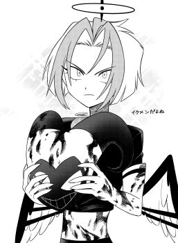 1girl absurdres angry blood blood_on_clothes blood_on_helmet bob_cut closed_mouth commentary_request curtained_hair elbow_gloves feathered_wings feathers frown gloves greyscale hair_between_eyes halo hazbin_hotel hellaverse helmet highres holding holding_unworn_helmet looking_ahead lute_(hazbin_hotel) menma_(enaic31) monochrome multicolored_hair shirt short_hair simple_background solo streaked_hair translation_request two-tone_hair two-tone_wings unworn_headwear unworn_helmet upper_body upturned_eyes v-shaped_eyebrows white_background wings