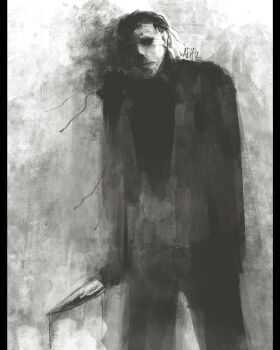 Rule 34 | 1boy, black border, black hair, blood, bloody weapon, border, commentary, english commentary, greyscale, halloween (movie), highres, holding, holding knife, horror (theme), human leather, jumpsuit, knife, looking at viewer, mask, michael myers, monochrome, short hair, solo, watchfulart, weapon, white mask