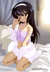 Rule 34 | 1girl, :o, absurdres, bed, black hair, brown eyes, camisole, collarbone, curtains, flat chest, girls und panzer, hair between eyes, headband, highres, indoors, long hair, magazine scan, male focus, megami magazine, navel, official art, on bed, pajamas, parted lips, pillow, purple camisole, reizei mako, rubbing eyes, scan, sitting, sleepwear, solo, strap slip, wariza, window