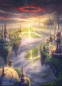 above_clouds building city cloud commentary company_name english_commentary fantasy floating_island from_above highres jjcanvas landscape magic:_the_gathering no_humans official_art outdoors portal_(object) shards sky tower watermark web_address