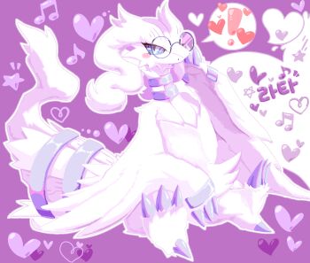 ! bespectacled blue_eyes closed_mouth commentary_request commission gen_5_pokemon glasses heart highres korean_commentary korean_text legendary_pokemon looking_at_viewer nintendo no_humans pokemon pokemon_(creature) purple_background reshiram round_eyewear sitting speech_bubble spoken_exclamation_mark translation_request ttrtag