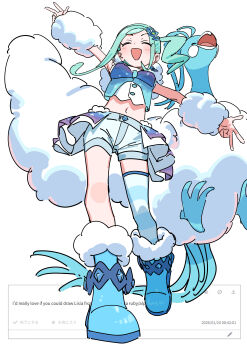 1girl absurdres altaria arm_warmers blue_shoes blush closed_eyes double_w full_body gen_3_pokemon haruyuki_(gffewuoutgblubh) highres lisia_(pokemon) midriff navel nintendo open_mouth pokemon pokemon_(creature) pokemon_oras request_inset shoes shorts side_ponytail single_thighhigh thighhighs w white_arm_warmers white_background