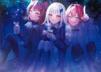 3girls :d ange_katrina animal_ears arm_up aryuma772 backpack bag black_pantyhose blue_eyes blue_hair blunt_bangs blush boots bow bowtie brown_hair closed_mouth coat commentary_request cup dog_ears flower frilled_skirt frills grey_bow grey_bowtie grey_coat grey_shirt grey_skirt grey_socks hair_between_eyes hair_flower hair_intakes hair_ornament hair_scrunchie hand_up hands_up heterochromia highres holding holding_cup hot_chocolate inui_toko knee_boots lize_helesta long_hair long_sidelocks long_sleeves looking_up mug multicolored_hair multiple_girls night night_sky nijisanji official_alternate_costume open_mouth page_of_lambda pantyhose pointing pointing_up purple_eyes red_eyes red_hair red_scrunchie sanbaka_(nijisanji) scrunchie shirt short_hair side-by-side sidelocks sitting skirt sky smile socks star_(sky) starry_sky steaming_cup streaked_hair teeth tree triangle_hair_ornament two-tone_hair unworn_backpack unworn_bag upper_teeth_only virtual_youtuber white_coat white_hair white_skirt yellow_eyes