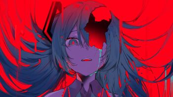 1girl absurdres aqua_eyes aqua_hair bare_shoulders collared_shirt commentary_request cracked_skin floating_hair frilled_shirt frills grey_shirt hair_between_eyes hair_ornament hatsune_miku highres hole_in_head long_hair looking_at_viewer marshmallow_(vocaloid) official_art omutatsu parted_lips portrait red_background red_pupils shirt sidelocks simple_background solo tears teeth upper_teeth_only vocaloid
