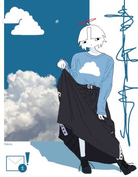 Rule 34 | 1girl, absurdres, ahoge, angel, belt, black belt, black shoes, black skirt, blue shirt, border, chewchewer, closed mouth, clothes lift, cloud, cloudy sky, colored skin, detached ahoge, english text, full body, halo, highres, looking to the side, microsoft paint (medium), notification, nyan (chewchewer), original, print shirt, red halo, shadow, shirt, shoes, skirt, skirt lift, sky, solo, standing, sun, white border, white hair, white skin