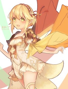 1girl akao_kito blonde_hair commentary_request cowboy_shot derivative_work elf fairy green_eyes hair_ornament hairband highres liza_(shadowverse) looking_at_viewer open_mouth pointy_ears shadowverse short_hair smile solo standing thighhighs