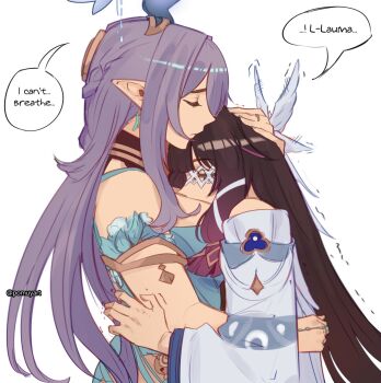 2girls antlers bare_shoulders between_breasts blue_dress breast_smother breasts closed_eyes columbina_(genshin_impact) commentary dress earrings english_commentary english_text face_between_breasts face_to_breasts genshin_impact hand_on_another's_head head_between_breasts headpat height_difference highres horns hug jewelry lauma_(genshin_impact) long_hair multiple_girls pomuya purple_hair scene_reference simple_background smother smug speech_bubble very_long_hair yuri