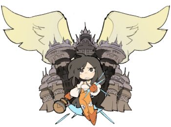 1girl alexander_(final_fantasy) bodysuit boots brown_hair castle chibi chibi_only clenched_hand commentary english_commentary final_fantasy final_fantasy_ix fortress furrowed_brow garnet_til_alexandros_xvii gloves grey_eyes highres holding holding_pendant holding_staff jewelry orange_bodysuit parted_lips pendant red_boots red_gloves shirt simple_background solo staff summoning temmie_chang white_background white_shirt wings