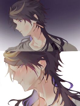 1boy alternate_costume black_hair blush commentary derivative_work earrings english_commentary hashtag-only_commentary highres jewelry long_hair looking_at_viewer male_focus multicolored_hair multiple_views nijisanji nijisanji_en parted_lips purple_eyes shu_yamino sideways_mouth slap_mark smile streaked_hair sweatdrop tassel tassel_earrings upper_body virtual_youtuber ywjpm