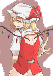 Rule 34 | 1girl, backless outfit, baketsuya, blonde hair, bottomless, bow, butt crack, commentary request, cowboy shot, flandre scarlet, from behind, grin, hat, hat bow, hat ribbon, highres, looking at viewer, mob cap, profile, puffy short sleeves, puffy sleeves, red bow, red eyes, red ribbon, red vest, ribbon, sharp teeth, shirt, short hair, short sleeves, shoulder blades, side ponytail, smile, solo, teeth, touhou, vest, white hat, white shirt, wings