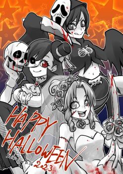 3girls aerith_gainsborough artist_name ascot black_hoodie blood blood_on_face bloody_weapon bouquet breasts bridal_veil bridge cosplay crop_top dated dress final_fantasy final_fantasy_vii flower ghostface ghostface_(cosplay) gloves grey_eyes hair_between_eyes hair_bun half_mask hat head_wreath highres holding holding_bouquet holding_knife holding_skull hood hood_up hoodie knife long_hair mask mask_on_head medium_breasts midriff mini_hat multiple_girls parted_bangs red_eyes shikiwo short_hair sidelocks skull stitched_arm stitches tifa_lockhart tongue tongue_out updo upper_body veil weapon wedding_dress white_ascot white_gloves yuffie_kisaragi