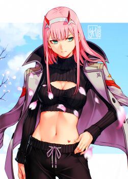 1girl alternate_costume aqua_eyes arm_at_side artist_logo black_pants black_sweater blue_sky border breasts cleavage cleavage_cutout closed_mouth clothing_cutout commentary cowboy_shot cropped_sweater darling_in_the_franxx falling_petals grey_jacket hand_on_own_hip highres horns jacket jacket_on_shoulders letterboxed logo long_hair medium_breasts midriff navel pants petals pink_hair pink_petals red_horns skaggshood sky solo stomach sweater turtleneck turtleneck_sweater white_border zero_two_(darling_in_the_franxx)