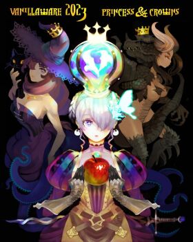 2023 4girls animal animal_on_shoulder apple armor armored_dress black_background black_cat blue_crown blush braid breasts butterfly_wings cat cat_on_shoulder cleavage crown dragon_girl dragon_tail dress earrings fairy food fruit gauntlets gold_crown gradriel hair_over_one_eye hat highres horns insect_wings jewelry juliet_sleeves kamitani_george large_breasts long_hair long_sleeves medium_breasts mini_person minigirl monster_girl multiple_girls official_art parted_lips princess_crown profile puffy_sleeves purple_hair red_eyes scales sidelocks sparkling_eyes strapless strapless_dress sword tail tentacles vanillaware weapon wings witch_hat
