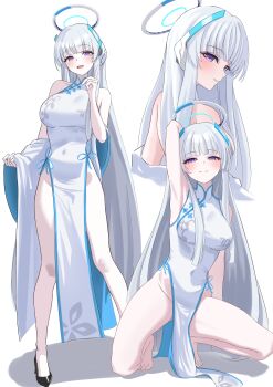 1girl absurdres alternate_costume arched_bangs arm_behind_head arm_up armpits bare_legs barefoot blue_archive blunt_bangs blush breasts china_dress chinese_clothes commentary covered_navel dress grey_hair halo headgear highres kneeling large_breasts long_hair looking_at_viewer multiple_views noa_(blue_archive) pelvic_curtain presenting_armpit purple_eyes sleeveless sleeveless_dress smile straight_hair toes very_long_hair white_dress yu_soft029