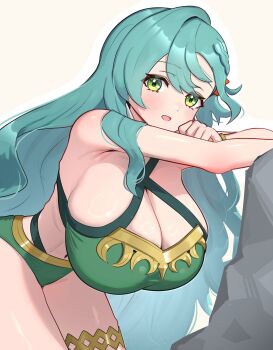 1girl alternate_costume aqua_hair bent_over bikini braid breasts chloe_(fire_emblem) cleavage fire_emblem fire_emblem_engage gonzarez green_bikini green_eyes highres hug long_hair looking_at_viewer navel nintendo side_braid skindentation solo swimsuit thighs very_long_hair