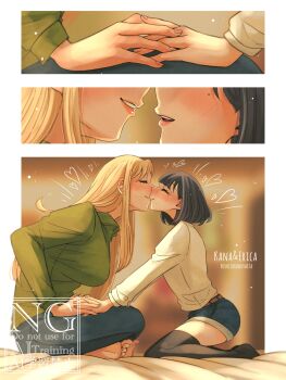 2girls barefoot black_hair black_thighhighs blonde_hair blue_shorts blurry blurry_background closed_eyes closed_mouth collared_shirt commentary_request green_shirt hand_blush heart highres hoshizora_no_shita interlocked_fingers kiss long_hair mole mole_under_eye multiple_girls on_bed original parted_lips shirt short_hair shorts smile thighhighs toes watermark white_shirt yuri