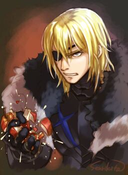 Rule 34 | 1boy, apple, armor, blonde hair, blue eyes, commentary, crushing food, dimitri alexandre blaiddyd, dimitri alexandre blaiddyd (timeskip), eyepatch, fire emblem, fire emblem: three houses, food, fruit, kita senri, male focus, medium hair, nintendo, signature, solo, untranslatable commentary
