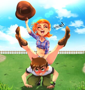 1boy 1girl absurdres all_fours ben_10 ben_tennyson blush boots brown_footwear brown_hair brown_headwear clenched_teeth closed_eyes cloud collarbone commission cousins cowboy_hat english_text farm full_body grass green_pants gwen_tennyson hat high_heels highres holding holding_unworn_clothes holding_unworn_hat legs_up lens_flare loli midriff navel omnitrix open_mouth orange_hair outdoors pants plaid_clothes plaid_shirt shirt shoe_soles short_hair shota sitting sitting_on_person sky spread_legs teeth thighs tlacuicani tongue unworn_hat unworn_headwear upper_teeth_only watch white_shirt wristwatch