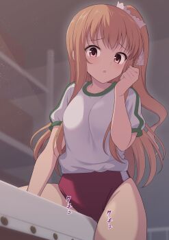 1girl absurdres asahina_momoko brown_eyes brown_hair buruma clothed_masturbation crotch_rub female_masturbation girlfriend_(kari) gym_storeroom hand_to_own_mouth highres long_hair masturbation masturbation_through_clothes perapera red_buruma ribbon shirt short_sleeves side_ponytail solo table_humping thighs vaulting_horse white_shirt