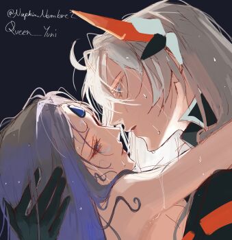 Rule 34 | 2girls, absurdres, artist name, benghuai xueyuan, black gloves, blue eyes, blue hair, commentary, english commentary, forehead jewel, gloves, highres, honkai (series), jyahnar (benghuai xueyuan), kiana kaslana, kiana kaslana (void drifter), long hair, multiple girls, queen yuri.mj, signature, white hair, yuri