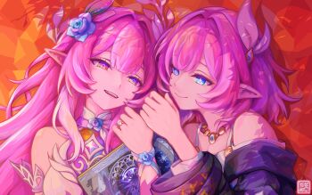 2girls as_i&#039;ve_written_(honkai:_star_rail) bare_shoulders barine blue_eyes book breasts coat commentary_request cyrene_(aedes_elysiae)_(honkai:_star_rail) cyrene_(honkai:_star_rail) cyrene_(ripples_of_past_reverie)_(honkai:_star_rail) diamond-shaped_pupils diamond_(shape) dress dual_persona flower hair_flower hair_ornament highres holding holding_book honkai:_star_rail honkai_(series) jewelry long_hair medium_breasts multiple_girls necklace open_mouth pink_hair pointy_ears purple_coat purple_eyes smile symbol-shaped_pupils very_long_hair white_dress white_hair