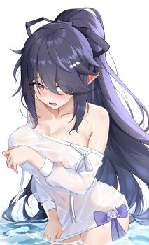 1girl absurdres arm_under_breasts armpit_crease bare_shoulders bikini black_hair blush breasts cleavage collarbone commentary_request covered_erect_nipples covered_navel eda_(epic_seven) embarrassed epic_seven hair_ornament hair_over_one_eye hair_ribbon hairclip high_ponytail highres huge_breasts leaning_to_the_side long_hair long_sleeves looking_to_the_side navel nose_blush ocean off_shoulder official_alternate_costume open_mouth outdoors pointy_ears ponytail red_eyes ribbon see-through_clothes shirt solitaria_(epic_seven) solo swept_bangs swimsuit thick_thighs thighs wading water wavy_hair wet wet_clothes wet_shirt white_background white_shirt zesto