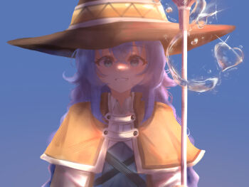 1girl black_hat blue_eyes blue_hair blue_sky braid brown_capelet capelet clear_sky commentary crossed_bangs day english_commentary grin h3p0 hair_between_eyes hat heart heart_in_eye highres hydrokinesis light_blush long_hair looking_at_viewer low_twin_braids mage_staff mushoku_tensei outdoors roxy_migurdia sidelighting sky smile solo sparkle staff straight-on symbol_in_eye twin_braids upper_body water witch_hat