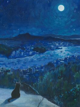 black_cat cat full_moon goma_ramen_(gomaramen888) hashtag-only_commentary highres moon mountain night no_humans original outdoors river scenery sky star_(sky) starry_sky