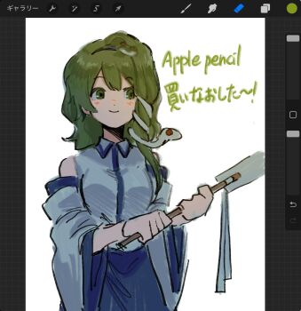 ame_iru blue_skirt border english_text frog_hair_ornament gohei hair_ornament highres holding holding_gohei kochiya_sanae long_hair looking_at_viewer nontraditional_miko skirt snake_hair_ornament touhou user_interface white_background