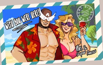 1boy 1girl beach bikini blonde_hair breasts cleavage closed_eyes cup drinking_glass earrings f-zero facing_viewer hawaiian_shirt husband_and_wife jewelry lipstick makeup mask monkii_(mjooolnina) mrs._arrow muscular muscular_male nintendo ocean open_clothes open_shirt palm_tree postcard_(medium) red_lips shirt smile sunglasses super_arrow swimsuit tree upper_body wine_glass