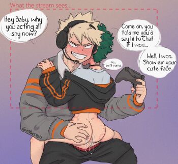 1boy 2boys anal artist_name ass ass_grab bakugou_katsuki bite_mark black_jacket black_pants blonde_hair blush boku_no_hero_academia bones_(company) bottomless choker clothes_pull controller crop_top english_text freckles game_controller green_hair grey_shirt grin hand_on_another's_shoulder hands_on_another's_shoulders headphones headset highres holding holding_controller holding_game_controller hood hood_down hoodie jacket long_sleeves looking_at_another male_focus midoriya_izuku multiple_boys pants pants_pull penis playing_games red_eyes sex shirt short_hair shounen_jump sitting sitting_on_lap sitting_on_person smile speech_bubble straddling sweat talking teeth twinstars420 upright_straddle yaoi