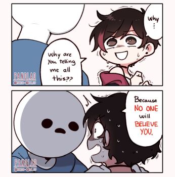 1boy 1girl artist_self-insert black_hair comic commentary english_commentary english_text gloom_(expression) highres multicolored_hair multiple_boys panqlao red_hair scared senpai_ga_uzai_kouhai_no_hanashi shiromanta_(character) shirt short_hair speech_bubble surprised sweatdrop t-shirt tan two-tone_hair