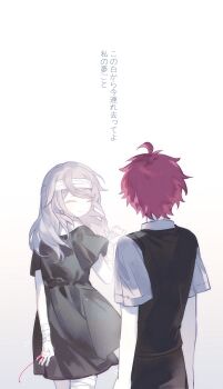 1boy 1girl ^_^ aged_down ahoge bandaged_head bandaged_leg bandaged_wrist bandages black_dress black_pants black_vest chinese_commentary closed_eyes closed_mouth collared_shirt commentary_request dress grey_hair highres kanashibari_ni_attara_(vocaloid) kashimiya_karua long_hair lyrics mengyou_yu pants red_eyes shirt short_hair simple_background smile string string_of_fate sumino_takumi the_hundred_line_-last_defense_academy- translated vest white_background white_shirt